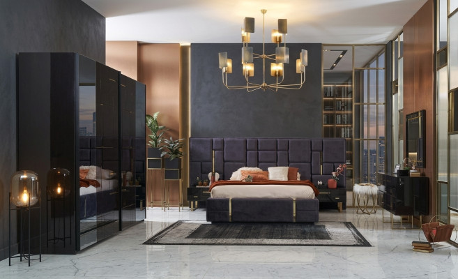 Cadre de lit double de luxe Ensemble de chambre à coucher en bois 6 pièces Design noir
