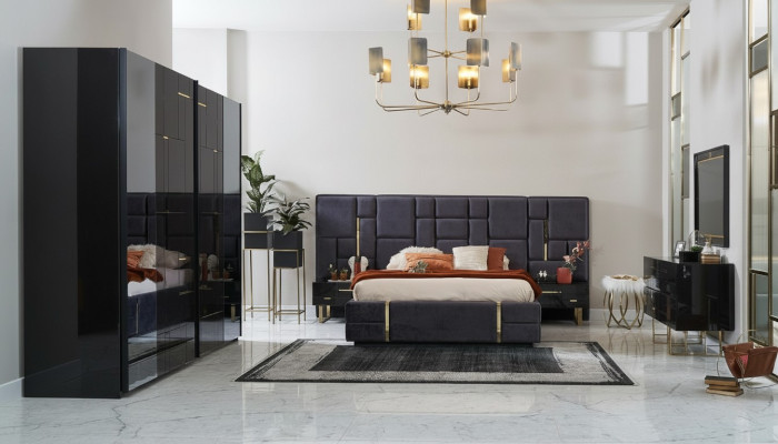 Cadre de lit double de luxe Ensemble de chambre à coucher en bois 6 pièces Design noir