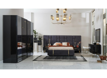 Cadre de lit double de luxe Ensemble de chambre à coucher en bois 6 pièces Design noir