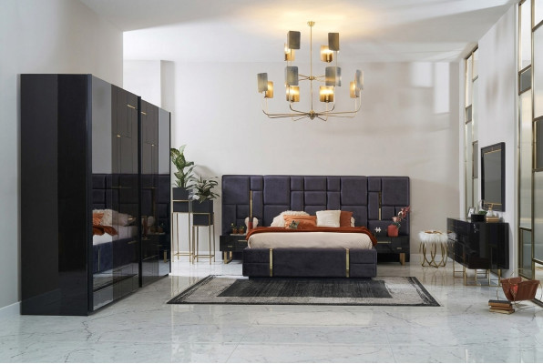 Lit double de design Cadre de lit Chambre de luxe Ensemble en bois 6 pièces Noir