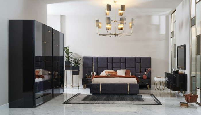 Lit double de design Cadre de lit Chambre de luxe Ensemble en bois 6 pièces Noir