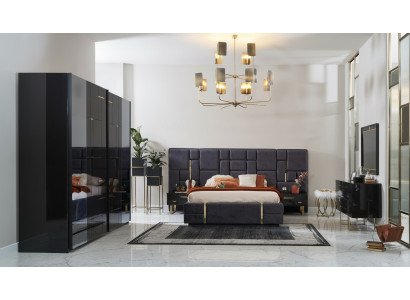 Lit double de design Cadre de lit Chambre de luxe Ensemble en bois 6 pièces Noir