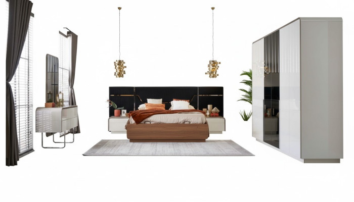 Chambre de luxe avec lit double en bois, cadre de lit, ensemble de 6 pièces design bleu