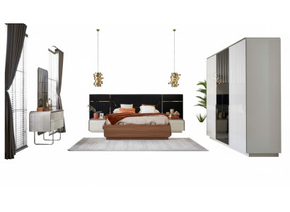 Chambre de luxe avec lit double en bois, cadre de lit, ensemble de 6 pièces design bleu