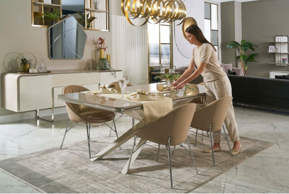Ensemble de salle à manger moderne Table à manger en bois Coin repas Beige Salle à manger 7 chaises