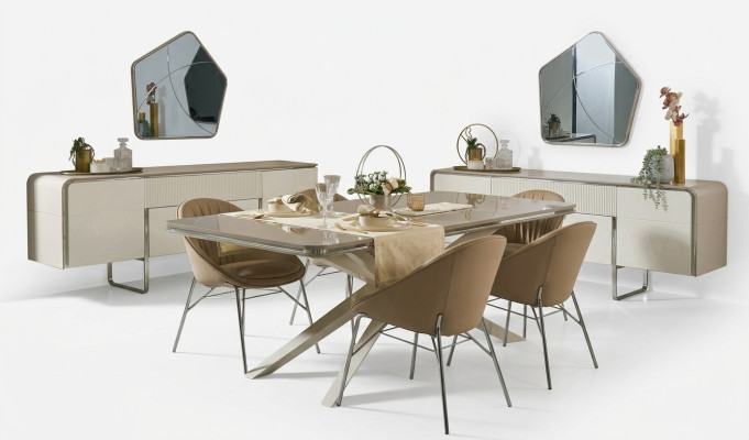 Ensemble de salle à manger moderne Table à manger en bois Coin repas Beige Salle à manger 7 chaises