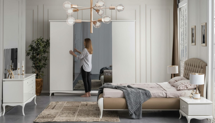 Lit double complet avec cadre de lit pour suite à coucher, 6 pièces, blanc