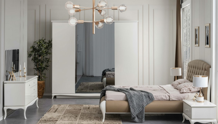 Lit double complet avec cadre de lit pour suite à coucher, 6 pièces, blanc