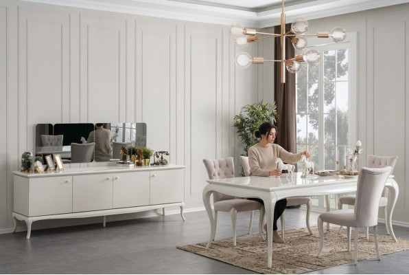 Ensemble de salle à manger Salle à manger Table à manger Bois Blanc Ensemble de 7 pièces Buffet