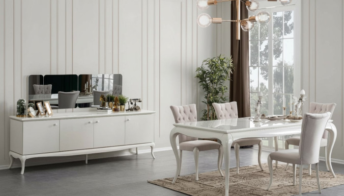Ensemble de salle à manger Salle à manger Table à manger Bois Blanc Ensemble de 7 pièces Buffet