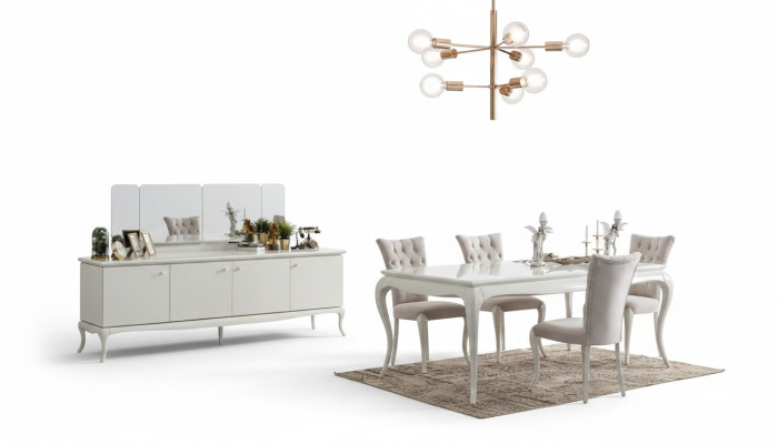 Ensemble de salle à manger Salle à manger Table à manger Bois Blanc Ensemble de 7 pièces Buffet