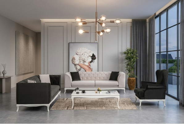 Canapé complet Chesterfield en tissu noir 3 pièces