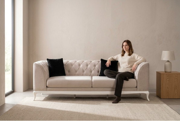 Salon Canapé en tissu Trois places Chesterfield Canapé Trois places en tissu beige