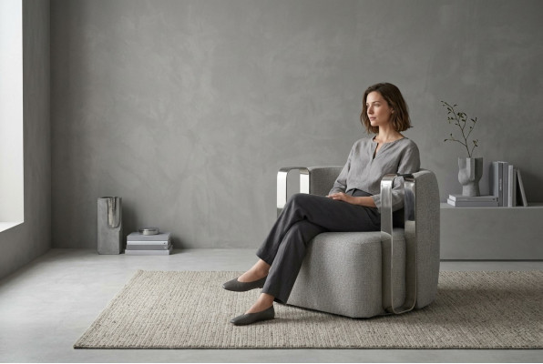 Fauteuil moderne une place en tissu gris pour salon avec assise rembourrée.