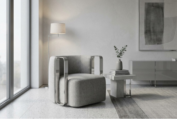 Fauteuil moderne une place en tissu gris pour salon avec assise rembourrée.