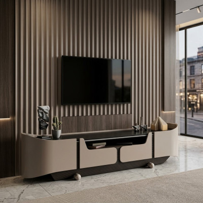 Meuble TV bas en bois beige pour salon, table basse moderne.