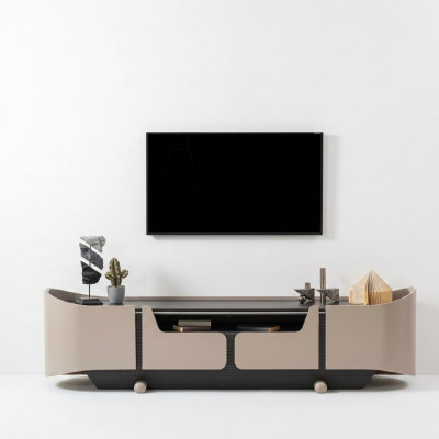 Meuble TV bas en bois beige pour salon, table basse moderne.