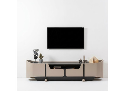 Meuble TV bas en bois beige pour salon, table basse moderne.