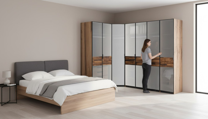 Armoire d'angle Armoire de chambre Armoire en bois Marron Miroir Grand