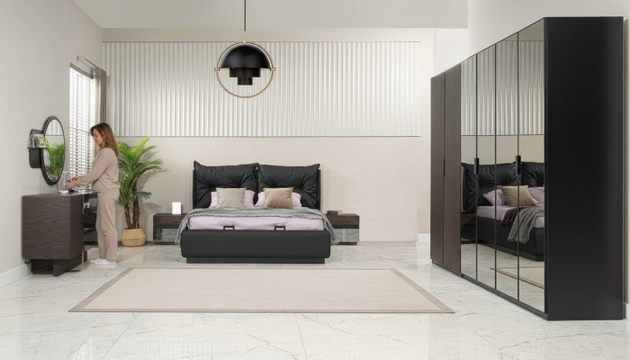 Suite Chambre Lit double Lit Chevets Ensemble 6pcs Noir