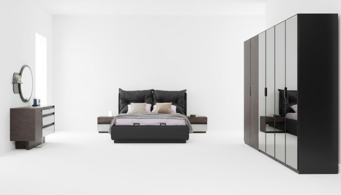 Suite Chambre Lit double Lit Chevets Ensemble 6pcs Noir
