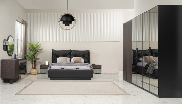 Lit double Suite Chambre Lit Tables de chevet Noir Ensemble 6 pièces