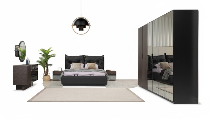 Lit double Suite Chambre Lit Tables de chevet Noir Ensemble 6 pièces