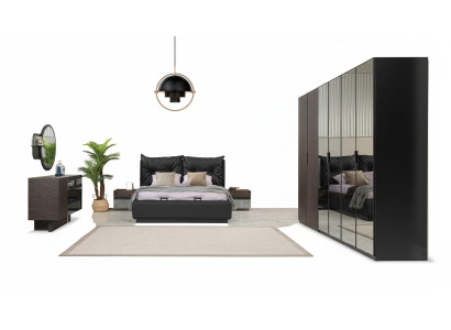 Lit double Suite Chambre Lit Tables de chevet Noir Ensemble 6 pièces