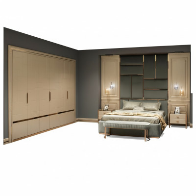 Groupe de design Chambre à coucher Lit double Lit Tables de chevet Ensemble 6pcs Beige