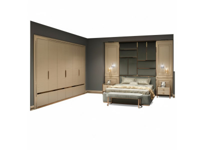 Groupe de design Chambre à coucher Lit double Lit Tables de chevet Ensemble 6pcs Beige