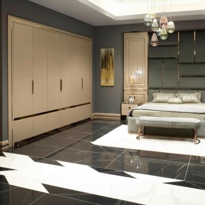 Meubles de chambre à coucher complets Lit double Beige Moderne Ensemble de 5 pièces en bois