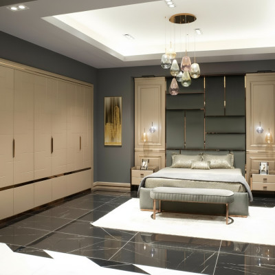 Groupe de mobilier de chambre à coucher Lit double Lit Beige Ensemble moderne 5 pièces en bois