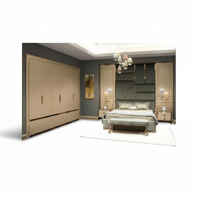 Groupe de mobilier de chambre à coucher Lit double Lit Beige Ensemble moderne 5 pièces en bois