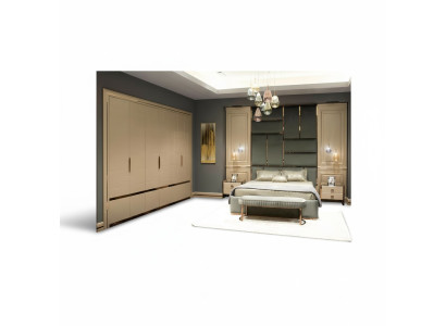 Groupe de mobilier de chambre à coucher Lit double Lit Beige Ensemble moderne 5 pièces en bois
