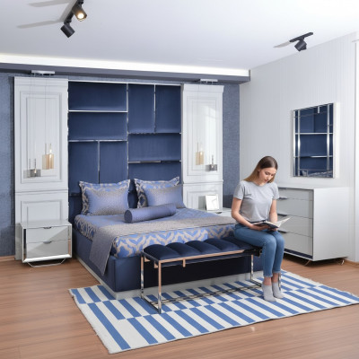 Groupe de design Chambre Double lit Lit Tables de chevet Ensemble 7 pièces Bleu