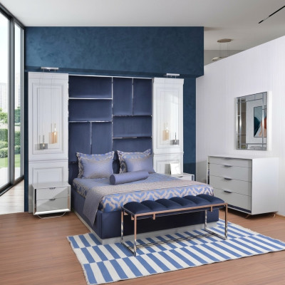 Groupe de design Chambre Double lit Lit Tables de chevet Ensemble 7 pièces Bleu