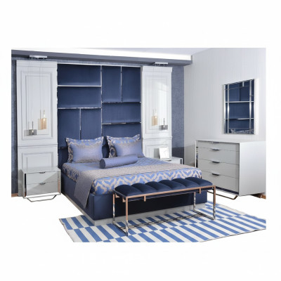 Groupe de design Chambre Double lit Lit Tables de chevet Ensemble 7 pièces Bleu