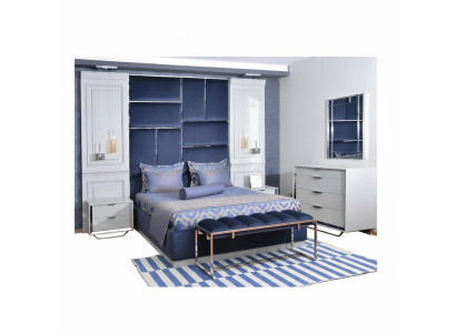 Groupe de design Chambre Double lit Lit Tables de chevet Ensemble 7 pièces Bleu
