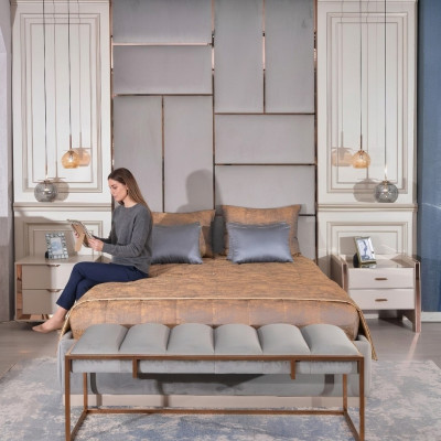 Suite de luxe Chambre lit double Lit Tables de chevet Ensemble 5 pièces Beige