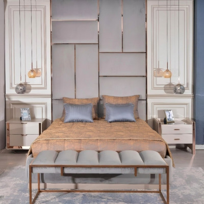 Suite de luxe Chambre lit double Lit Tables de chevet Ensemble 5 pièces Beige