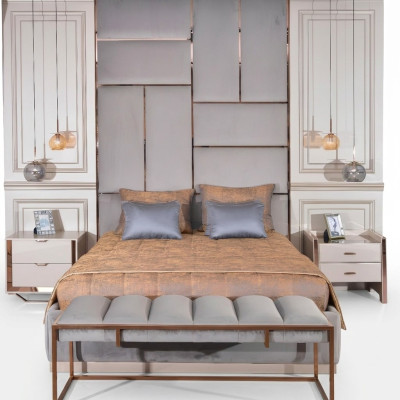Suite de luxe Chambre lit double Lit Tables de chevet Ensemble 5 pièces Beige