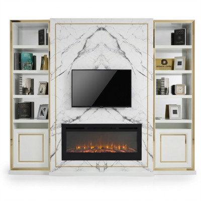 Meuble TV unité murale, meuble TV Lowboard blanc luxe en bois Vittinen moderne en or.