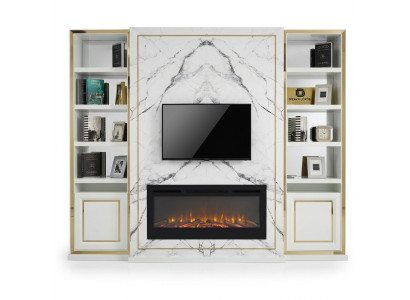 Meuble TV unité murale, meuble TV Lowboard blanc luxe en bois Vittinen moderne en or.