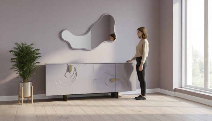 Enfilade Ensemble Enfilade avec Miroir Armoire en Bois Rose Salle à manger