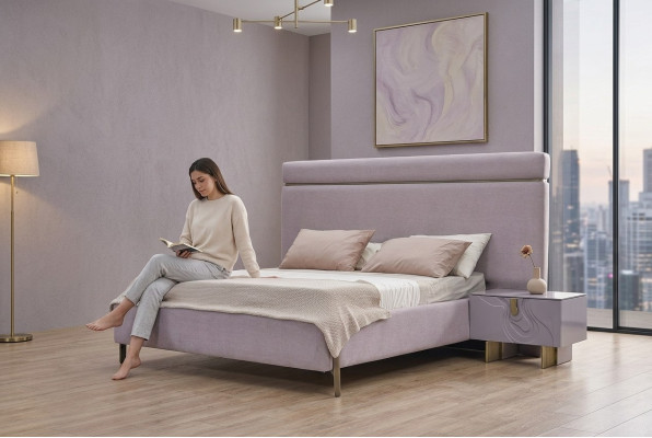 Lit double complet et meubles de chambre à coucher lit rose luxueux ensemble 3 pièces en bois