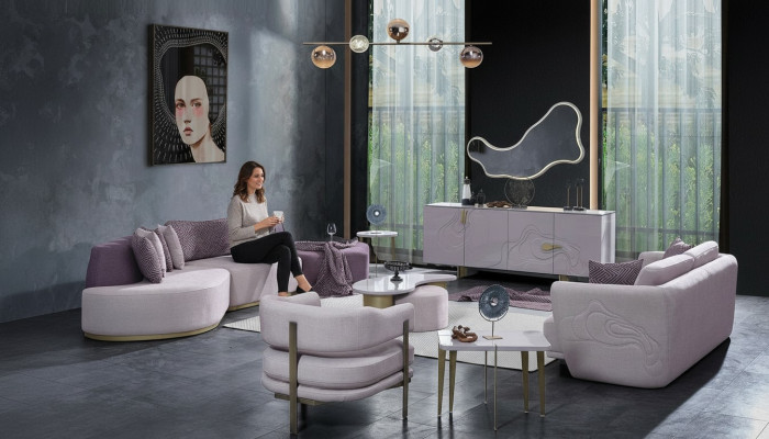 Ensemble de canapé Grand paysage de vie Rose canapés en tissu Ensemble moderne 7 pièces