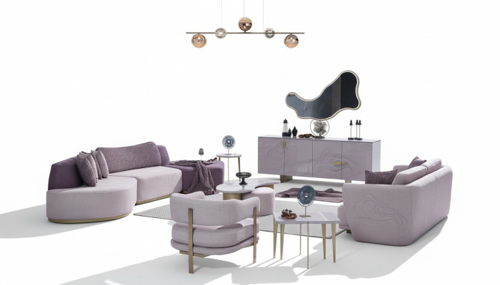Ensemble de canapé Grand paysage de vie Rose canapés en tissu Ensemble moderne 7 pièces