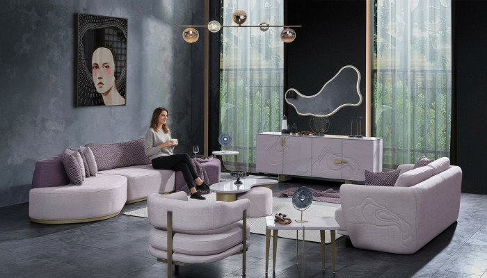 Ensemble de canapés en tissu rose vif pour intérieur Grand canapé d'angle en forme de L Moderne lot de 5 pièces