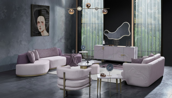 Ensemble de canapés en tissu rose vif pour intérieur Grand canapé d'angle en forme de L Moderne lot de 5 pièces