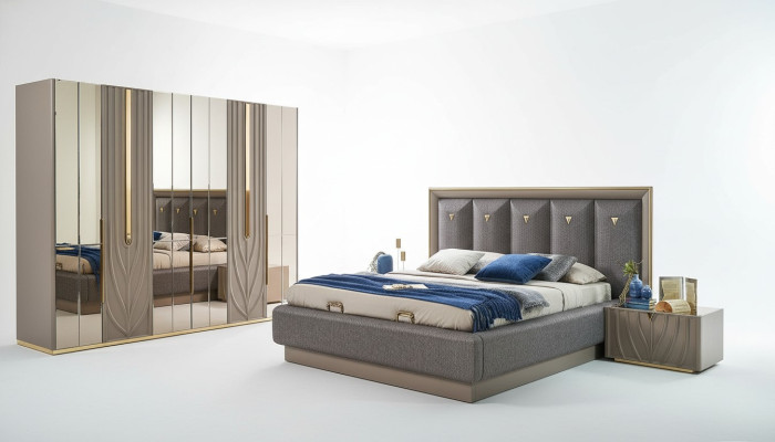 Ensemble de meubles de chambre à coucher complet avec lit double marron comprenant 4 pièces et tables de chevet.